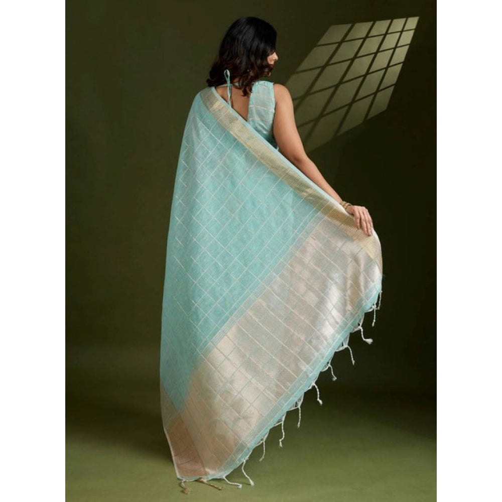 Women's Tissue Checks_With_Buttis Saree With Unstitched Blouse 5.5Mtr (Aqua_Blue) - VANSHELLE