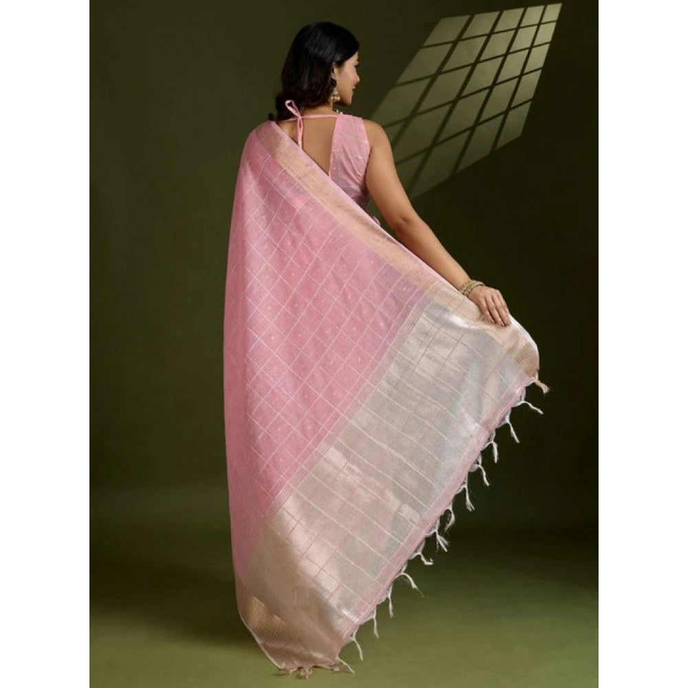 Women's Tissue Checks_With_Buttis Saree With Unstitched Blouse 5.5Mtr (Light_Pink) - VANSHELLE