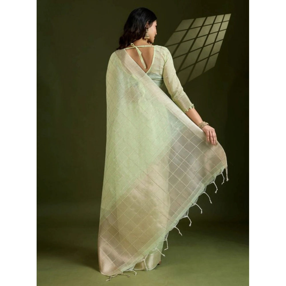 Women's Tissue Checks_With_Buttis Saree With Unstitched Blouse 5.5Mtr (Light_Green) - VANSHELLE