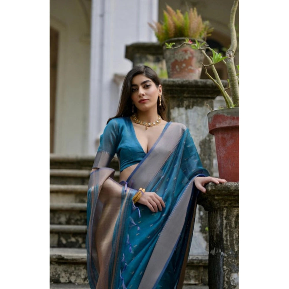 Women's Silk_Blend Butti Pattern Saree With Unstitched Blouse 5.5Mtr (Teal) - VANSHELLE
