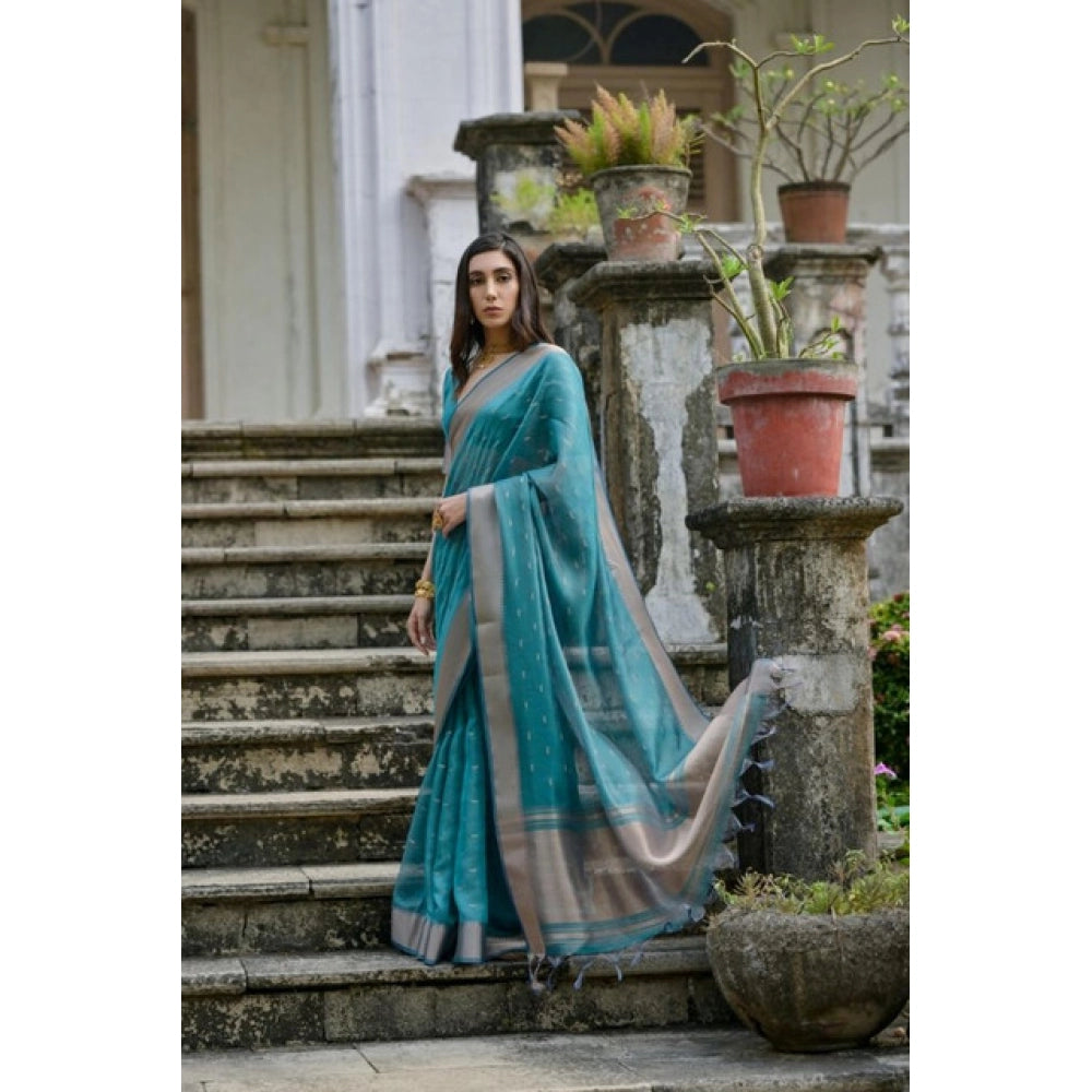 Women's Silk_Blend Butti Pattern Saree With Unstitched Blouse 5.5Mtr (Teal) - VANSHELLE
