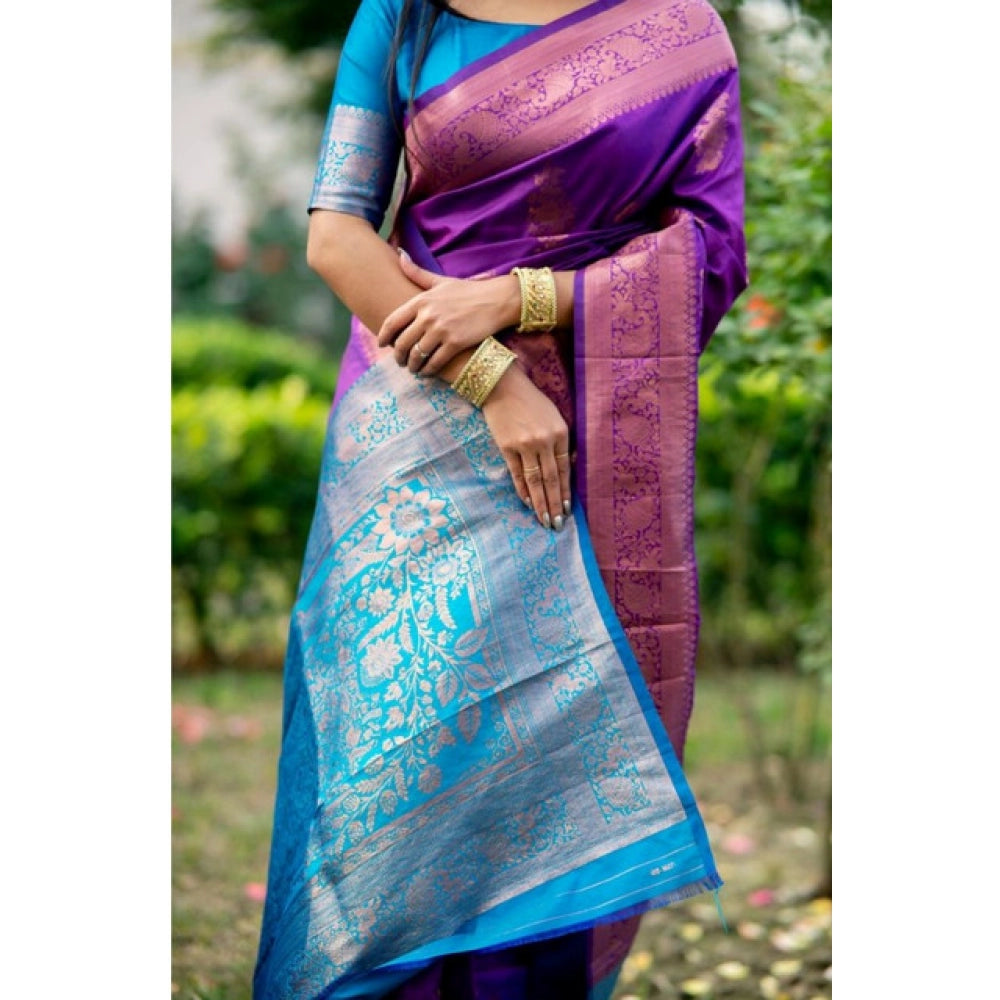 Women's Katan_Silk Zari_Weaving Saree With Unstitched Blouse 5.5Mtr (Purple) - VANSHELLE