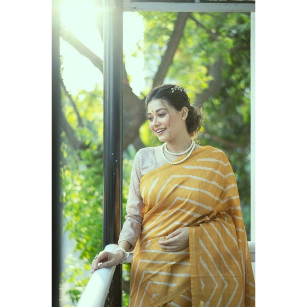Women's Faux_Tussar_Silk Geometric_Print Saree With Unstitched Blouse 5.5Mtr (Mustard) - VANSHELLE