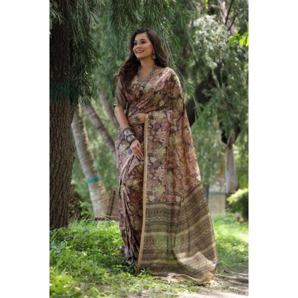 Women's Faux_Tussar_Silk Abstract_Print Saree With Unstitched Blouse 5.5Mtr (Brown) - VANSHELLE