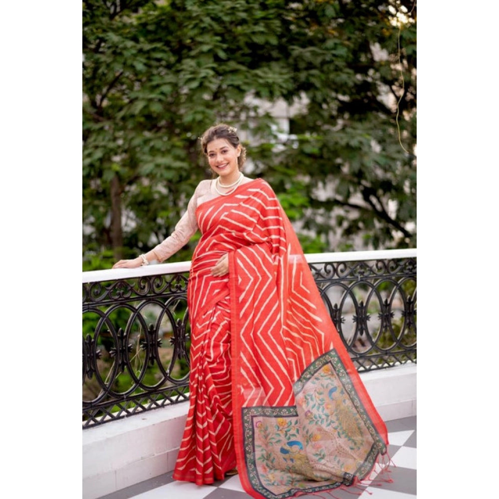 Women's Faux_Tussar_Silk Geometric_Print Saree With Unstitched Blouse 5.5Mtr (Red) - VANSHELLE