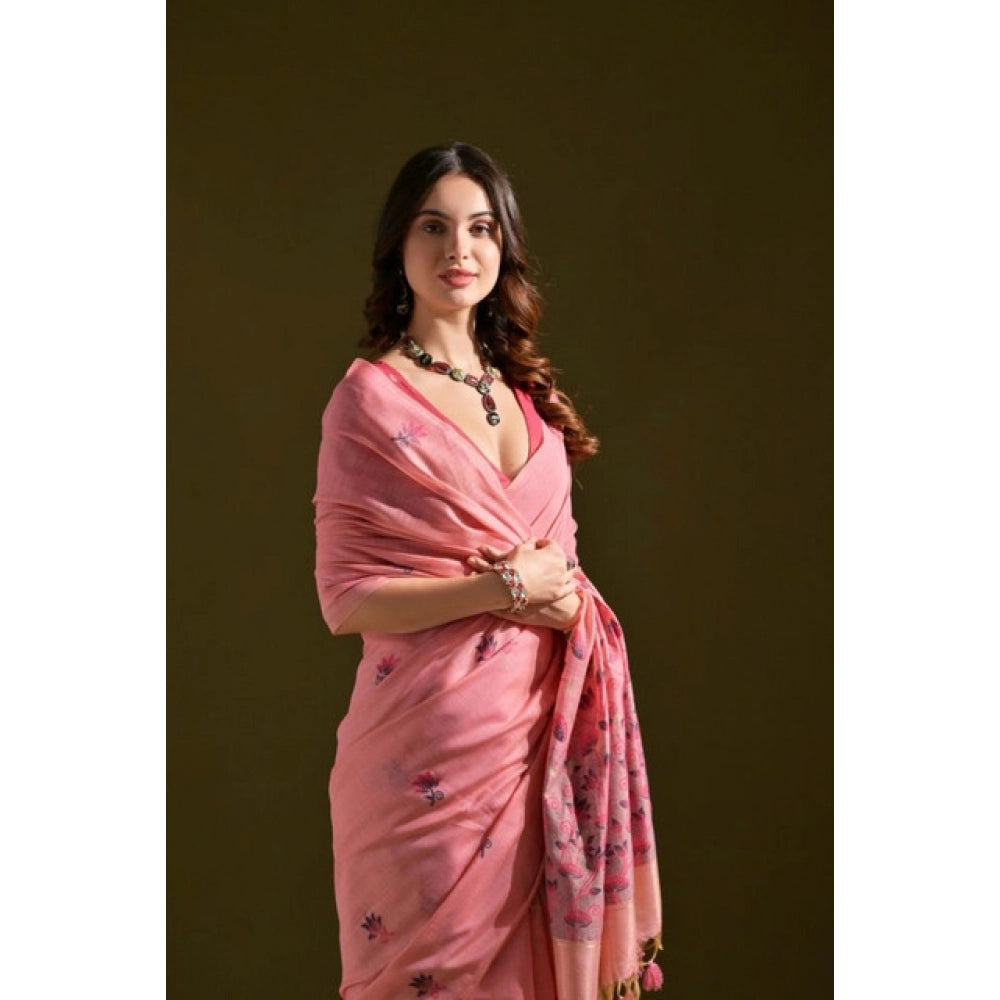 Women's Blended_Cotton Floral Saree With Unstitched Blouse 5.5Mtr (Pink) - VANSHELLE