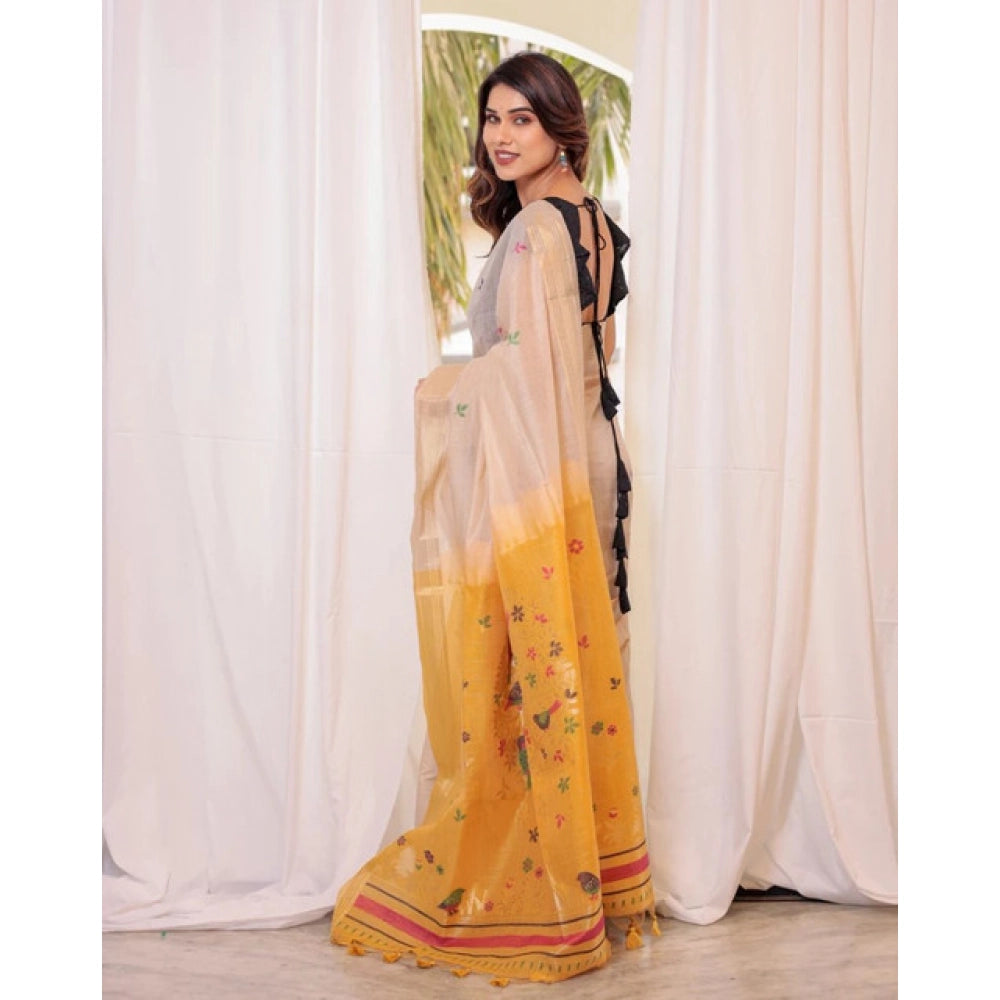 Women's Blended_Cotton Woven_Motifs Saree With Unstitched Blouse 5.5Mtr (Yellow) - VANSHELLE