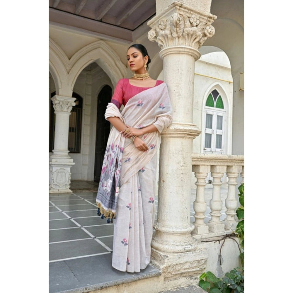 Women's Blended_Cotton Floral Weaving Pattern Saree With Unstitched Blouse 5.5Mtr (Blue) - VANSHELLE