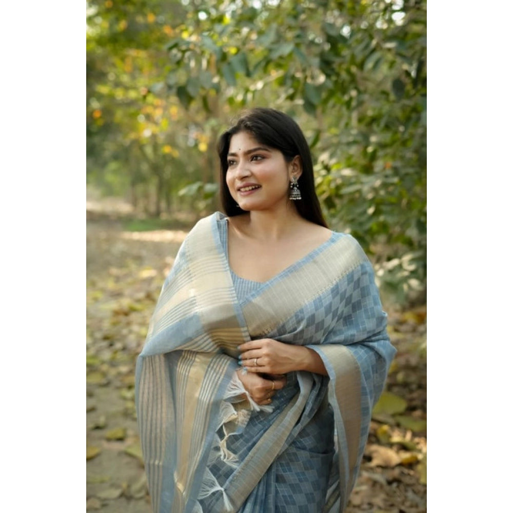 Women's Silk_Blend Checked Saree With Unstitched Blouse 5.5Mtr (Sky_Blue) - VANSHELLE