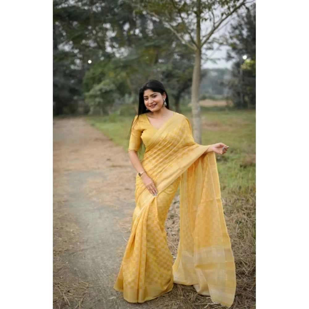 Women's Silk_Blend Checked Saree With Unstitched Blouse 5.5Mtr (Yellow)
