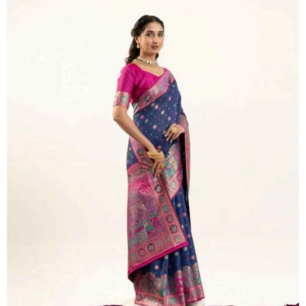 Women's Faux_Banarasi Woven Motifs Saree With Unstitched Blouse 5.5Mtr (Navy_Blue)