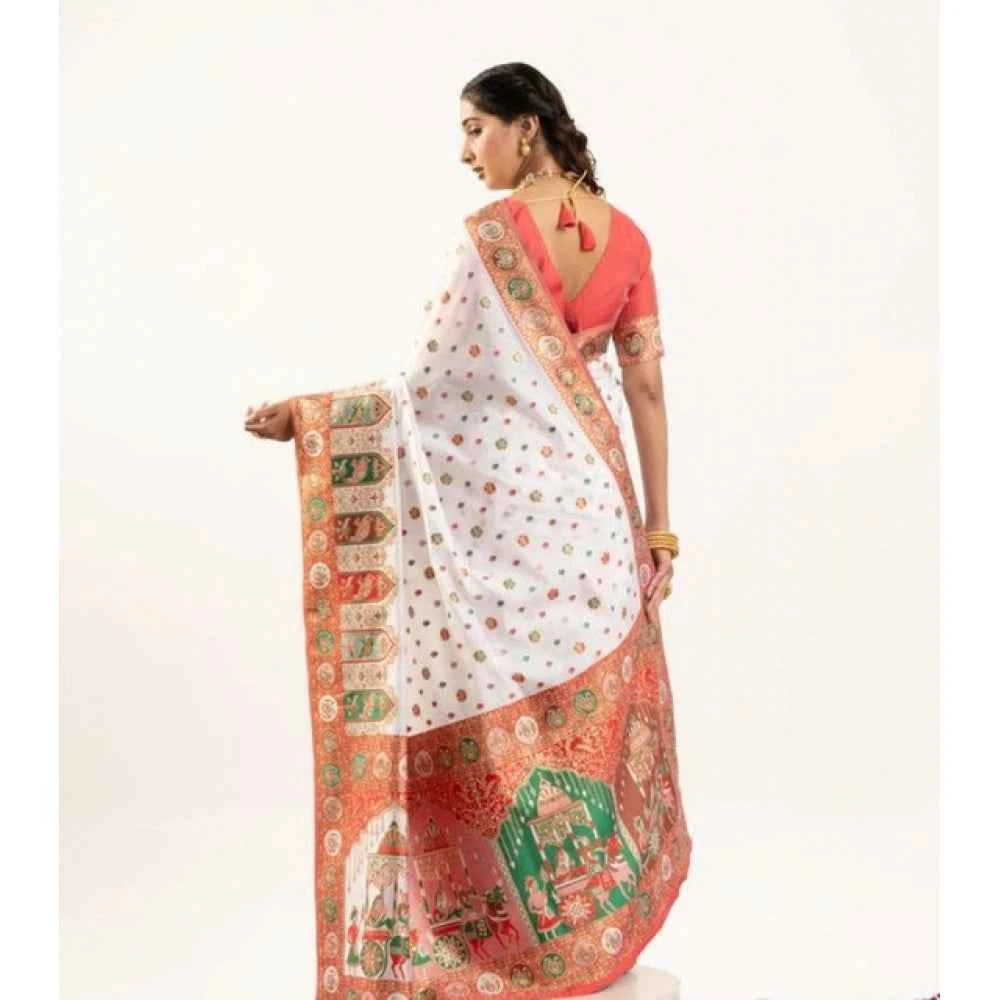 Women's Faux_Banarasi Woven Motifs Saree With Unstitched Blouse 5.5Mtr (White)