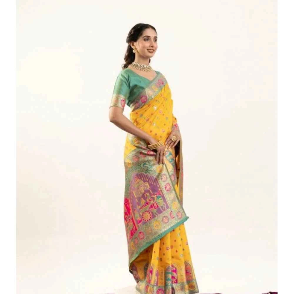 Women's Faux_Banarasi Woven Motifs Saree With Unstitched Blouse 5.5Mtr (Yellow)