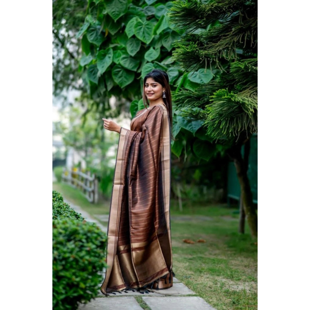 Women's Faux_Banarasi Lining Pattern Saree With Unstitched Blouse 5.5Mtr (Light_Brown) - VANSHELLE