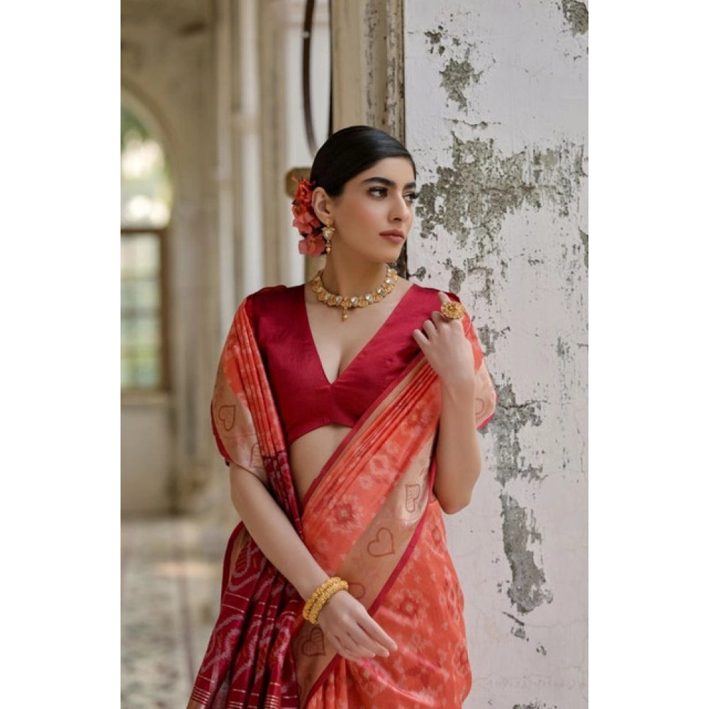 Women's Silk_Blend Ethnic Ikat Pattern Saree With Unstitched Blouse 5.5Mtr (Orange) - VANSHELLE