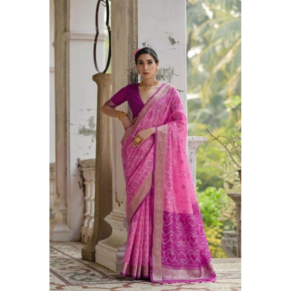 Women's Silk_Blend Ethnic Ikat Pattern Saree With Unstitched Blouse 5.5Mtr (Pink) - VANSHELLE