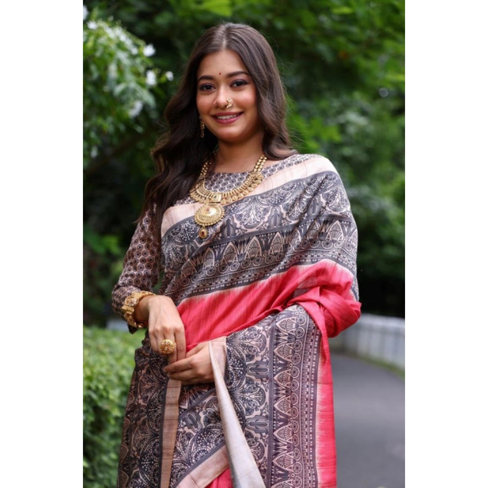 Women's Faux_Tussar Ethnic_Print Saree With Unstitched Blouse 5.5Mtr (Red) - VANSHELLE