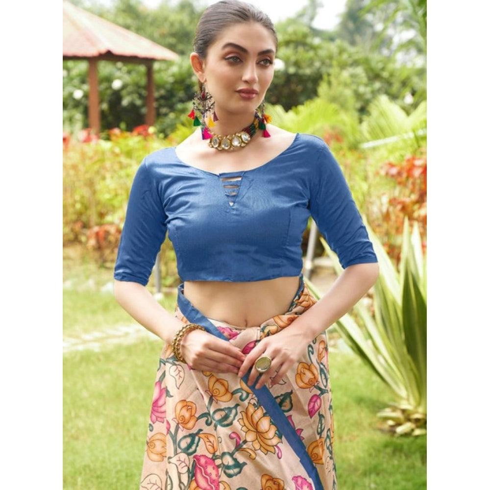 Women's Faux_Tussar Kalamkari_Print Saree With Unstitched Blouse 5.5Mtr (Blue) - VANSHELLE