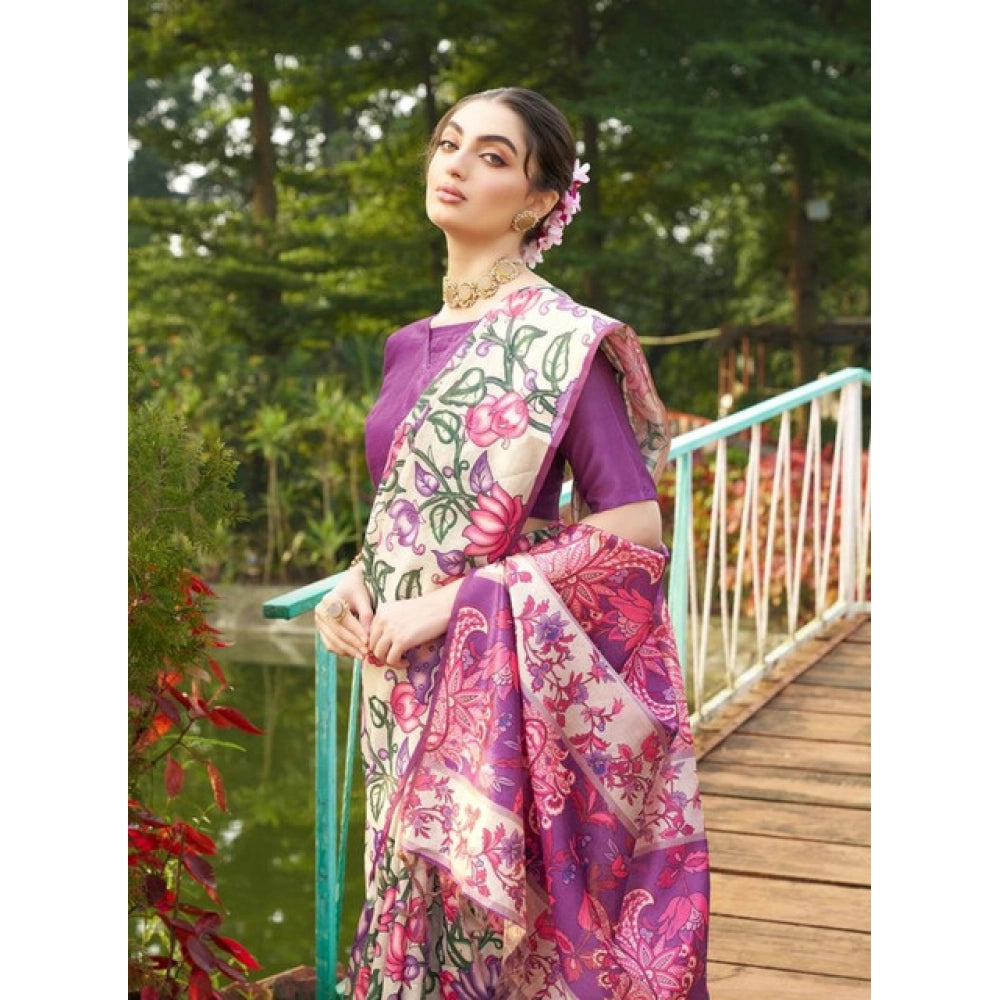 Women's Faux_Tussar Kalamkari_Print Saree With Unstitched Blouse 5.5Mtr (Purple) - VANSHELLE
