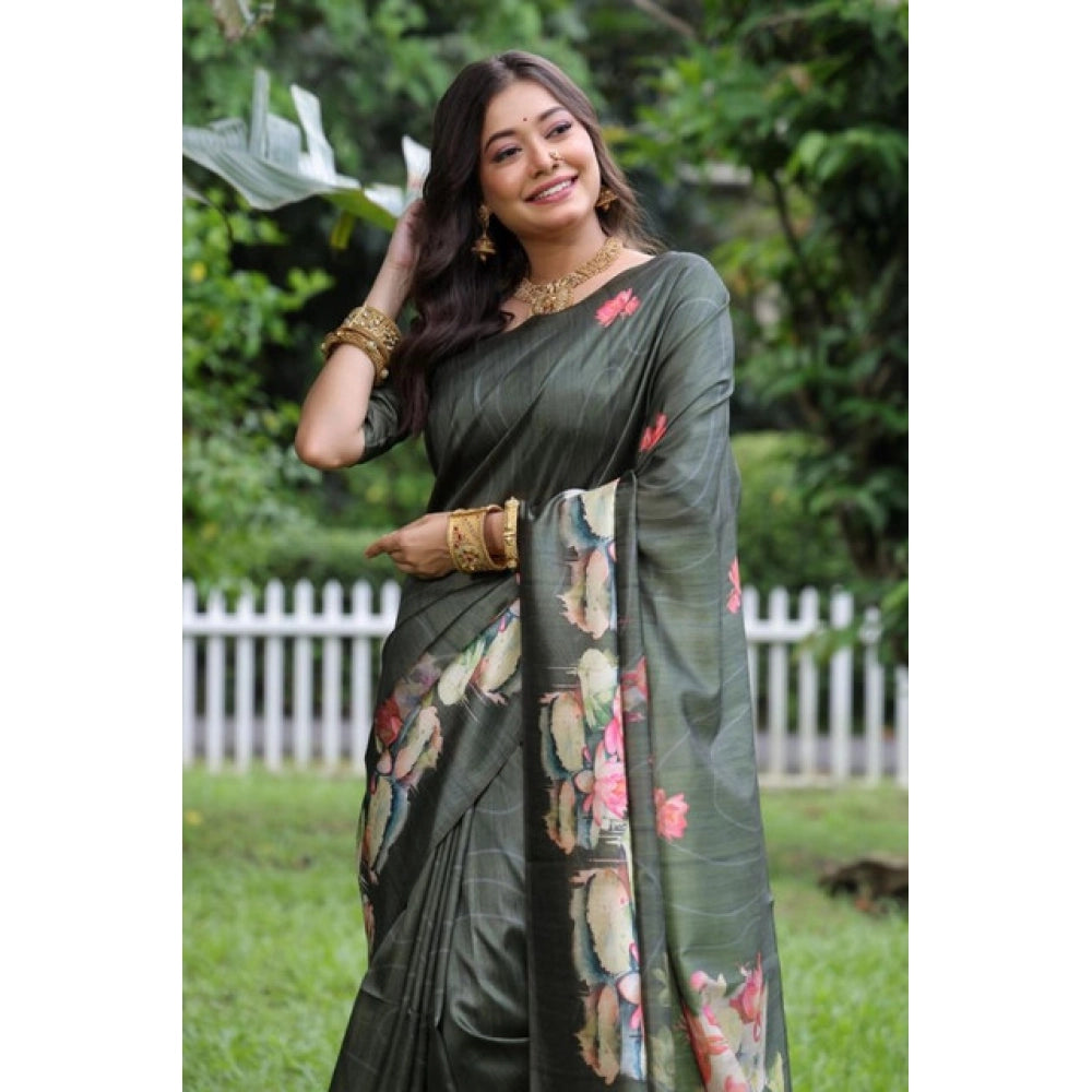 Women's Faux_Tussar Floral Saree With Unstitched Blouse 5.5Mtr (Olive) - VANSHELLE