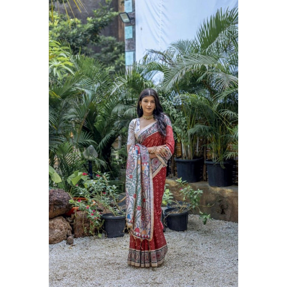 Women's Faux_Tussar Geometric_Print Saree With Unstitched Blouse 5.5Mtr (Red) - VANSHELLE