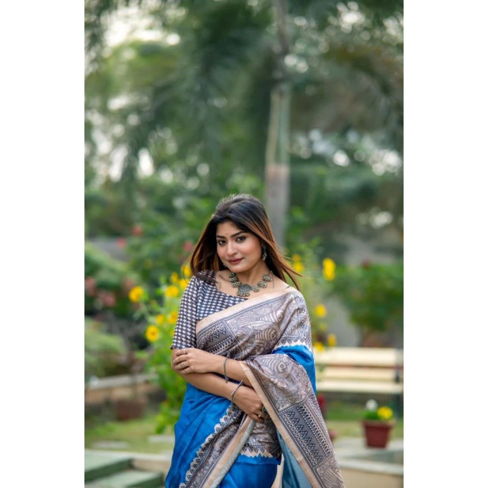 Women's Faux_Tussar Geometric_Print Saree With Unstitched Blouse 5.5Mtr (Royal_Blue) - VANSHELLE