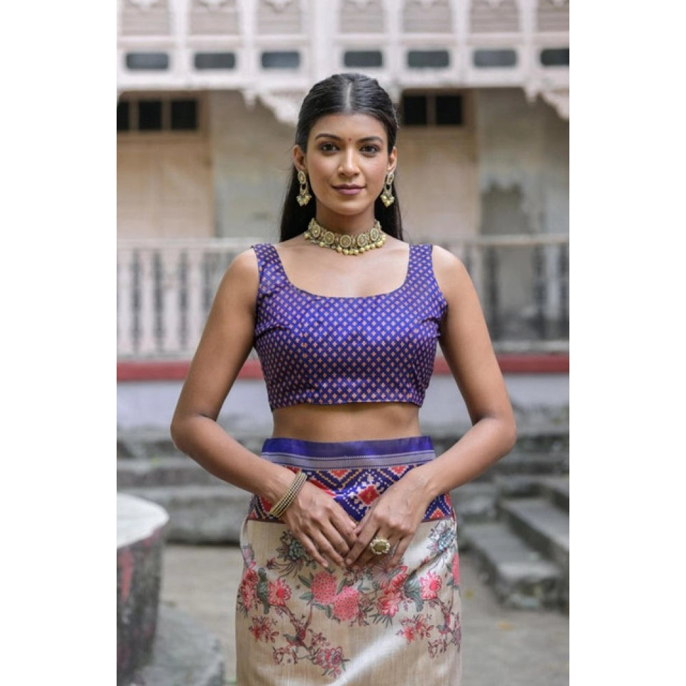 Women's Faux_Tussar Floral Jal With Patola Print Saree With Unstitched Blouse 5.5Mtr (Blue) - VANSHELLE