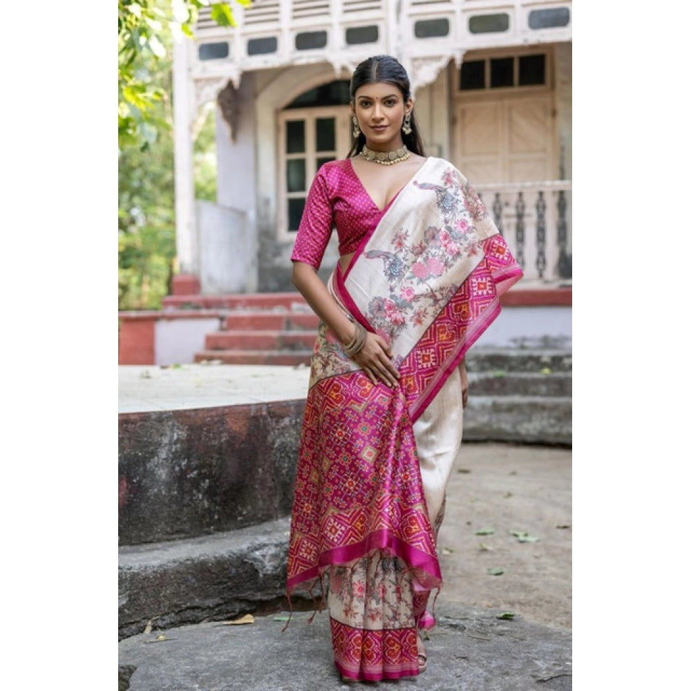 Women's Faux_Tussar Floral Jal With Patola Print Saree With Unstitched Blouse 5.5Mtr (Pink) - VANSHELLE