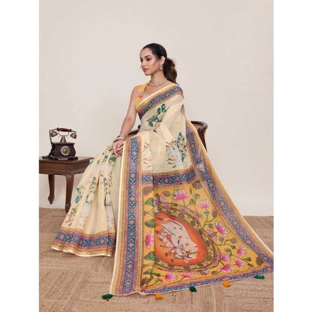 Women's Linen Floral Printed Saree With Unstitched Blouse 5.5Mtr (Beige) - VANSHELLE