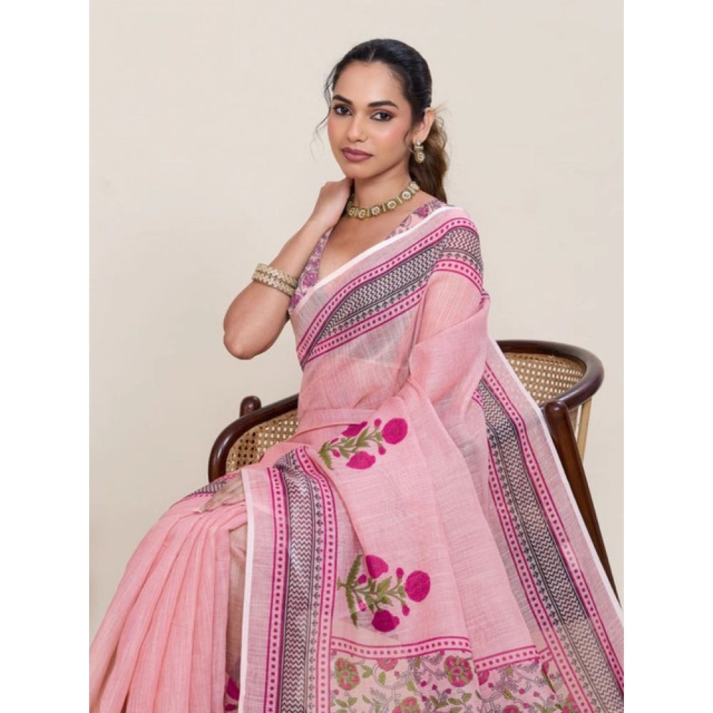 Women's Linen Floral Printed Saree With Unstitched Blouse 5.5Mtr (Pink) - VANSHELLE
