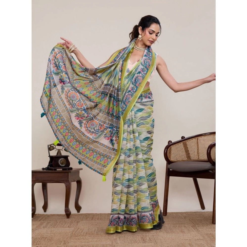 Women's Linen Floral Printed Saree With Unstitched Blouse 5.5Mtr (Pista Green) - VANSHELLE
