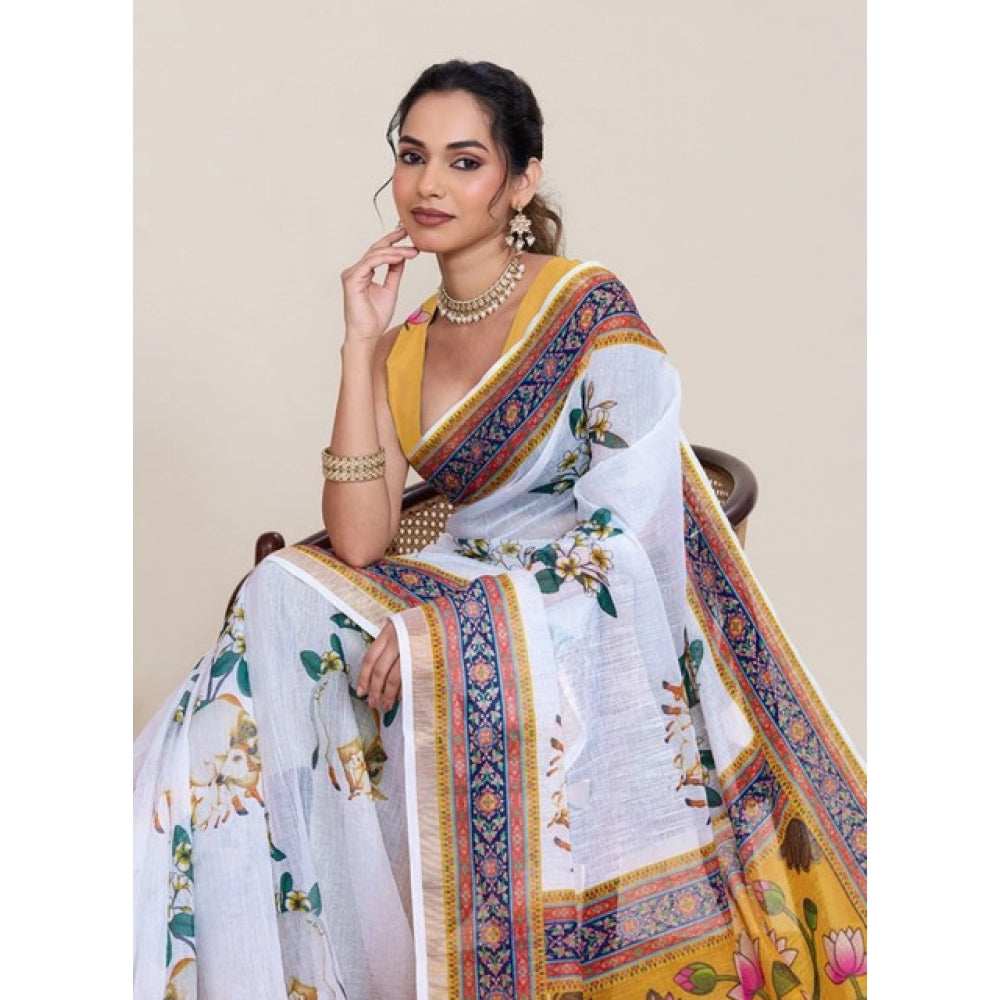Women's Linen Floral Printed Saree With Unstitched Blouse 5.5Mtr (White) - VANSHELLE