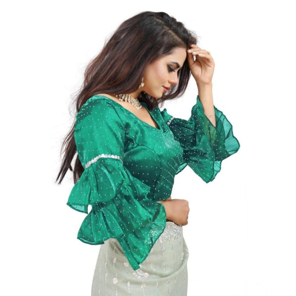 Women's Organza Solid V Neck Layered Ruffle Sleeve Readymade Blouse (Rama Free Size , up to 38–40 Bust)-PID65857 - VANSHELLE
