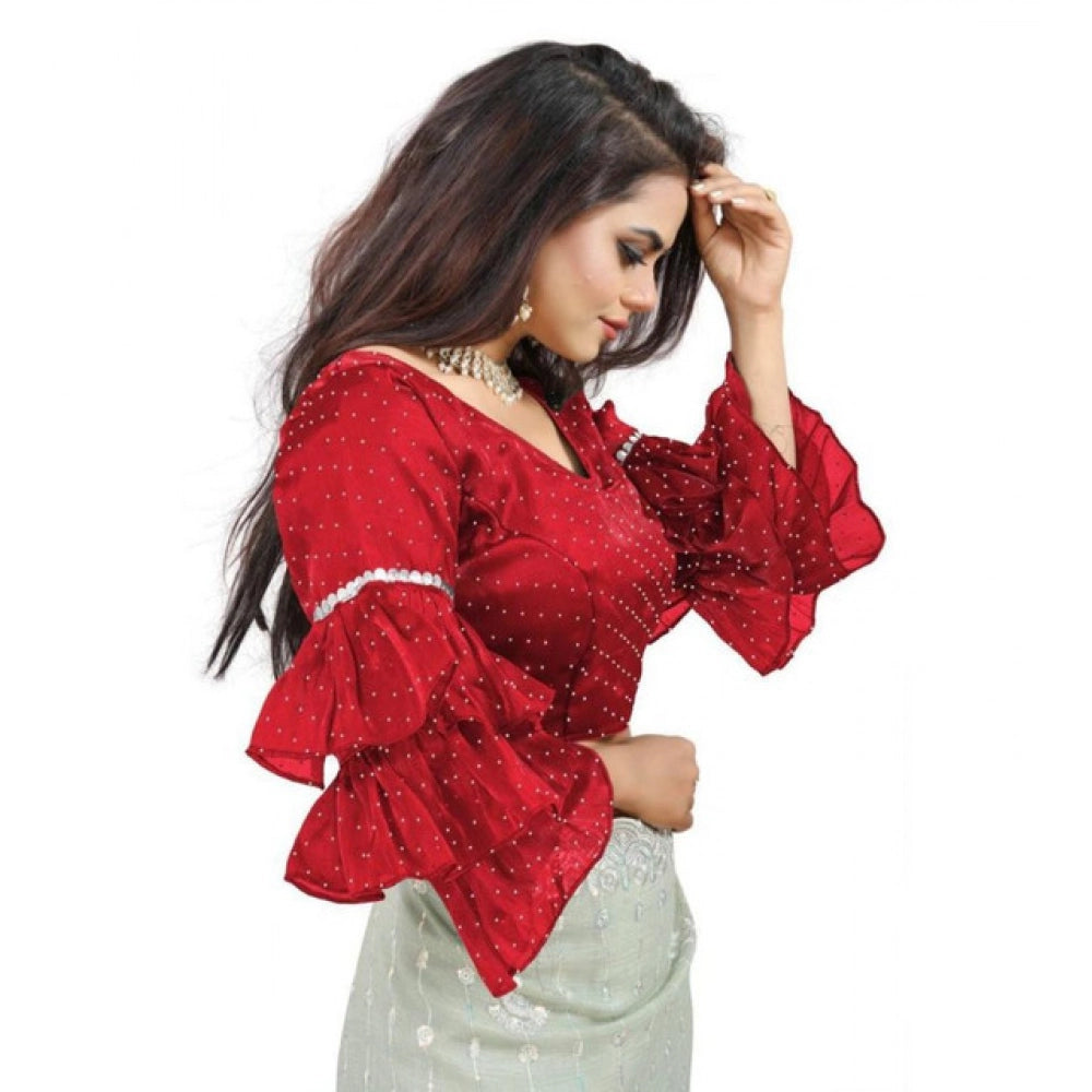 Women's Organza Solid V Neck Layered Ruffle Sleeve Readymade Blouse (Red Free Size , up to 38–40 Bust)-PID65858 - VANSHELLE