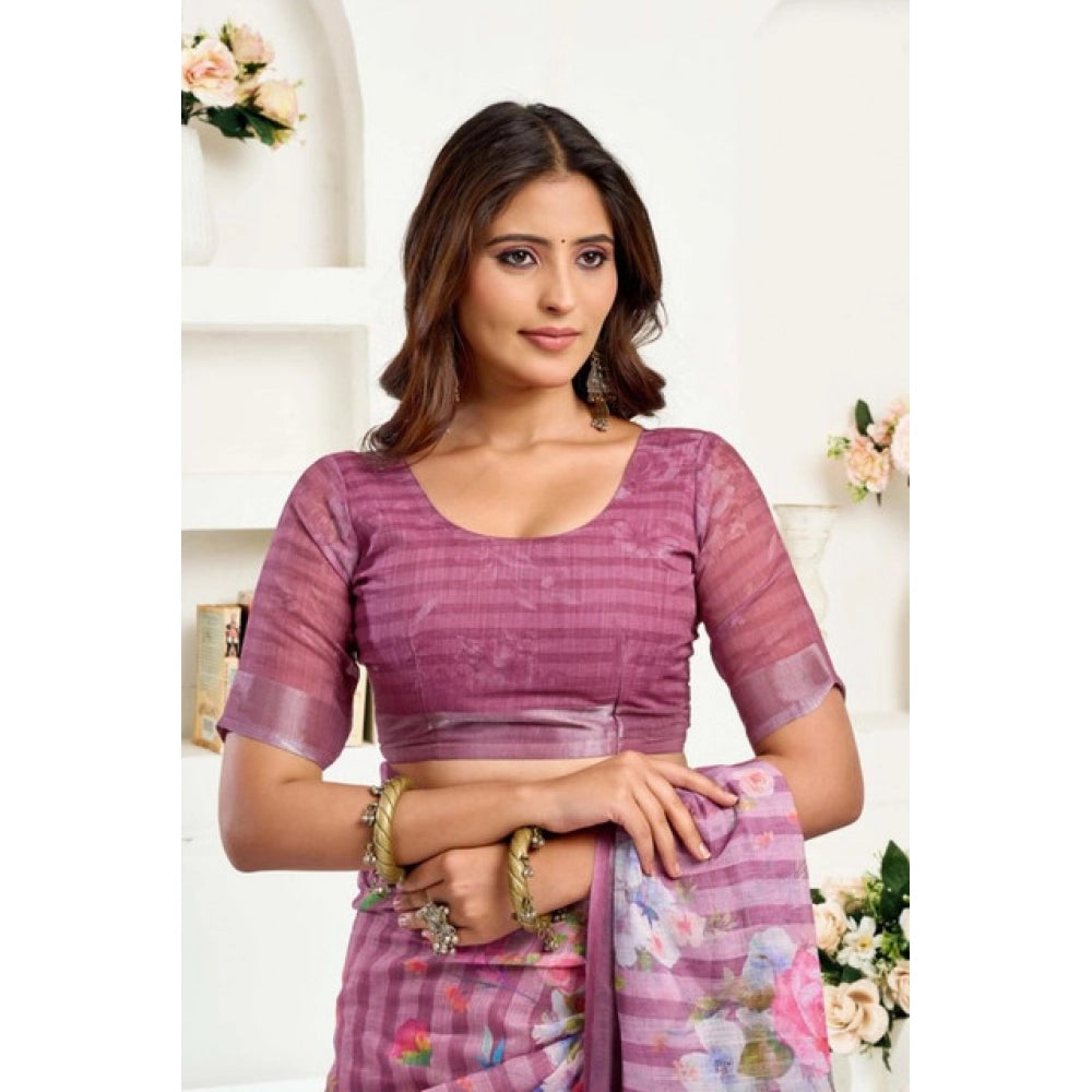 Women's Faux Linen Floral Print Ready to wear Saree With Unstitched Blouse 5.5Mtr (Pink) - VANSHELLE