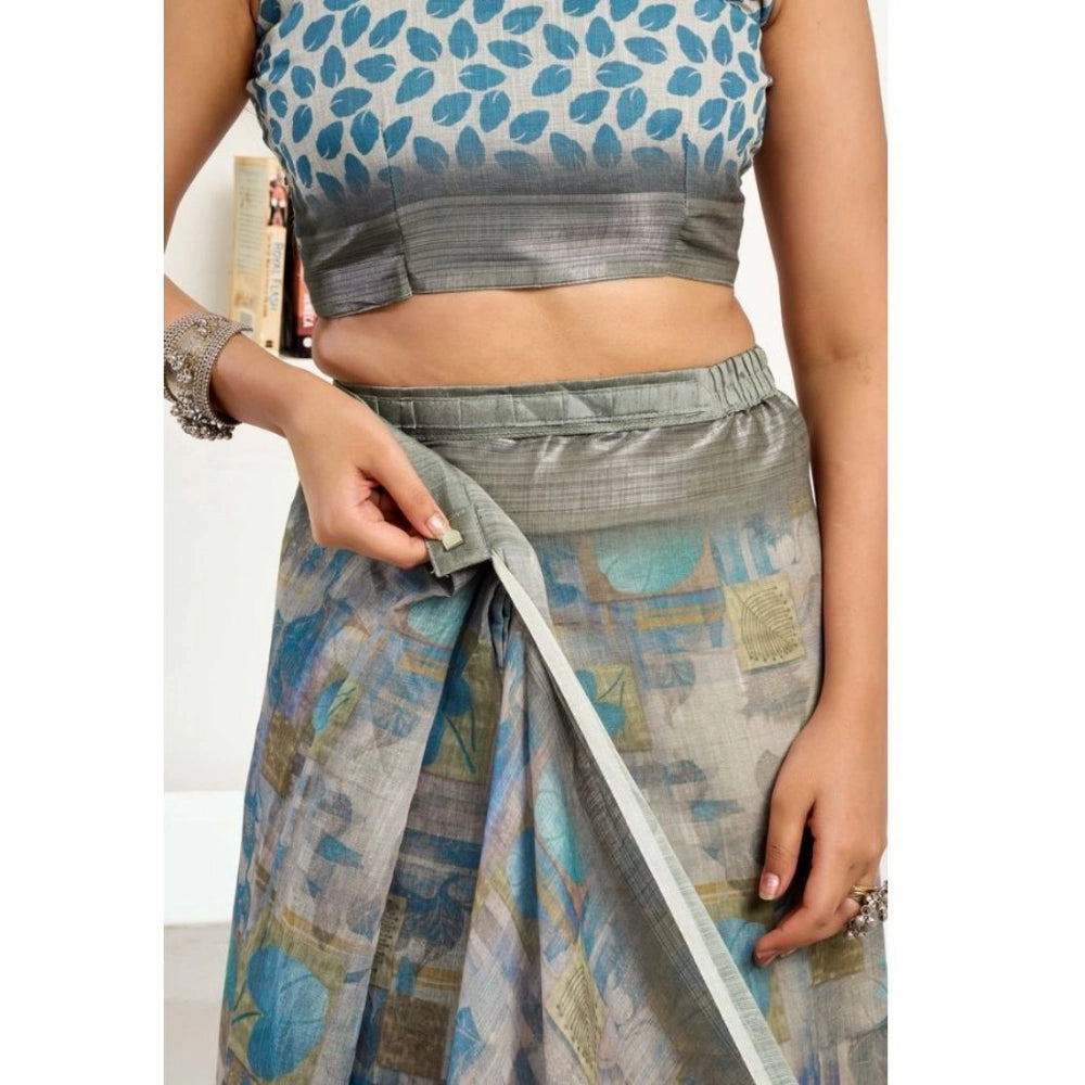 Women's Faux Linen Abstract Print Ready to wear Saree With Unstitched Blouse 5.5Mtr (Grey) - VANSHELLE