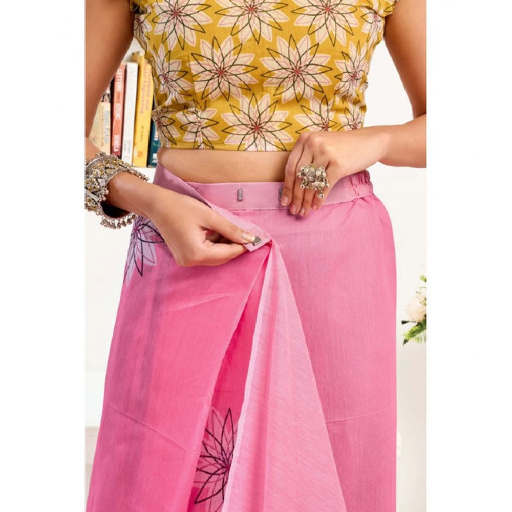 Women's Faux Linen Floral Print Ready to wear Saree With Unstitched Blouse 5.5Mtr (Pink) - VANSHELLE