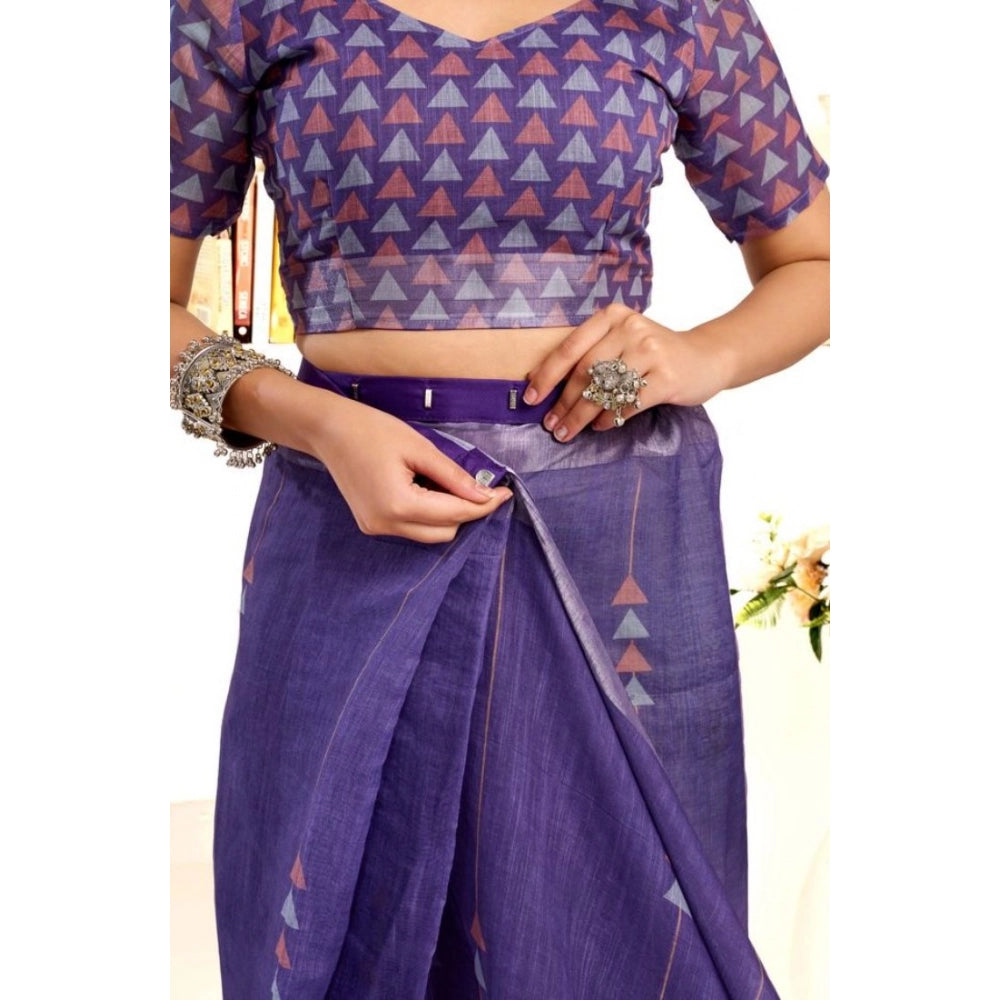 Women's Faux Linen Geometric Print Ready to wear Saree With Unstitched Blouse 5.5Mtr (Purple) - VANSHELLE