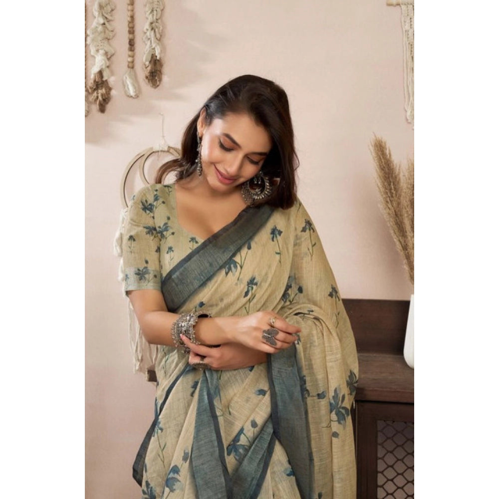 Women's Faux Linen Floral Print Ready to wear Saree With Unstitched Blouse 5.5Mtr (LightBeige) - VANSHELLE
