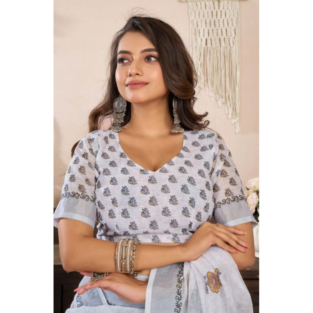 Women's Faux Linen Floral Print Ready to wear Saree With Unstitched Blouse 5.5Mtr (Off_White) - VANSHELLE