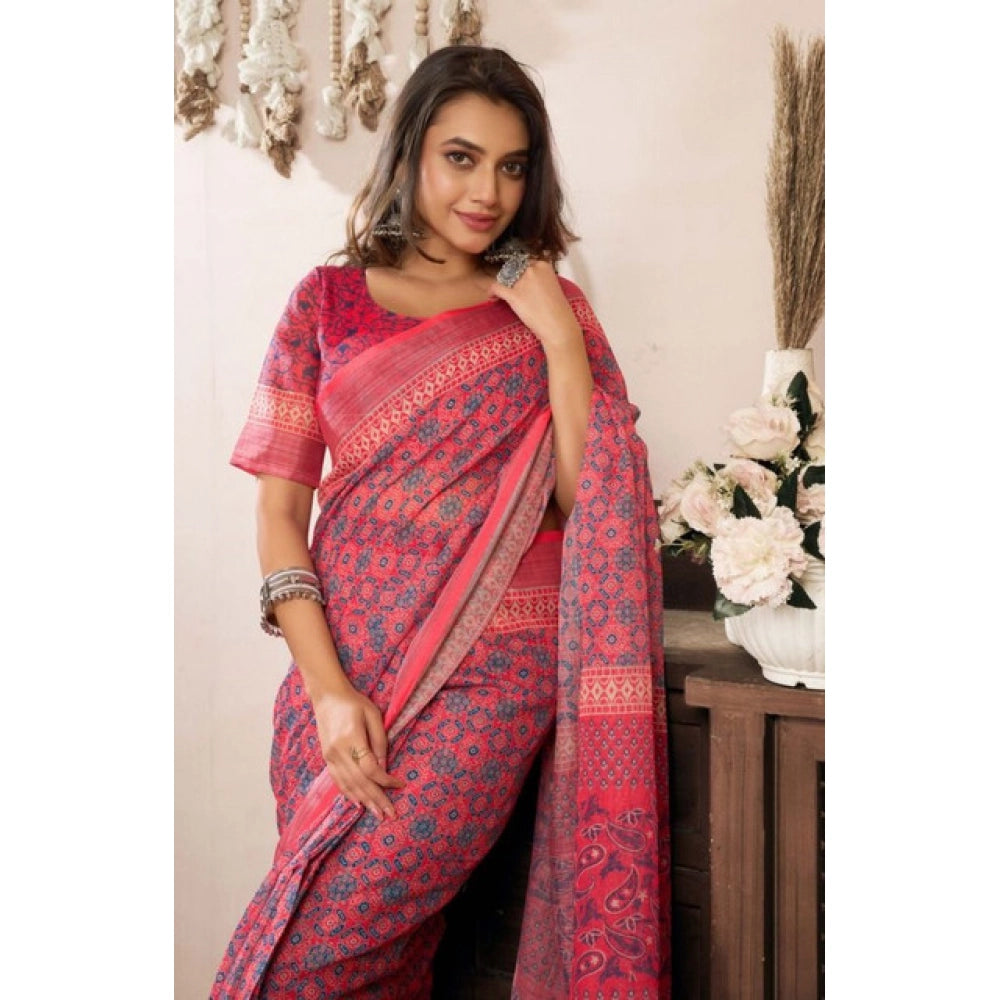 Women's Faux Linen Geometric Print Ready to wear Saree With Unstitched Blouse 5.5Mtr (Red) - VANSHELLE