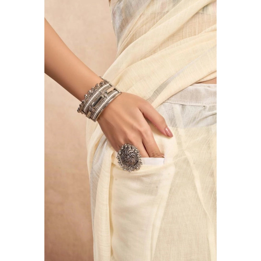 Women's Faux Linen Floral Print Ready to wear Saree With Unstitched Blouse 5.5Mtr (Cream) - VANSHELLE