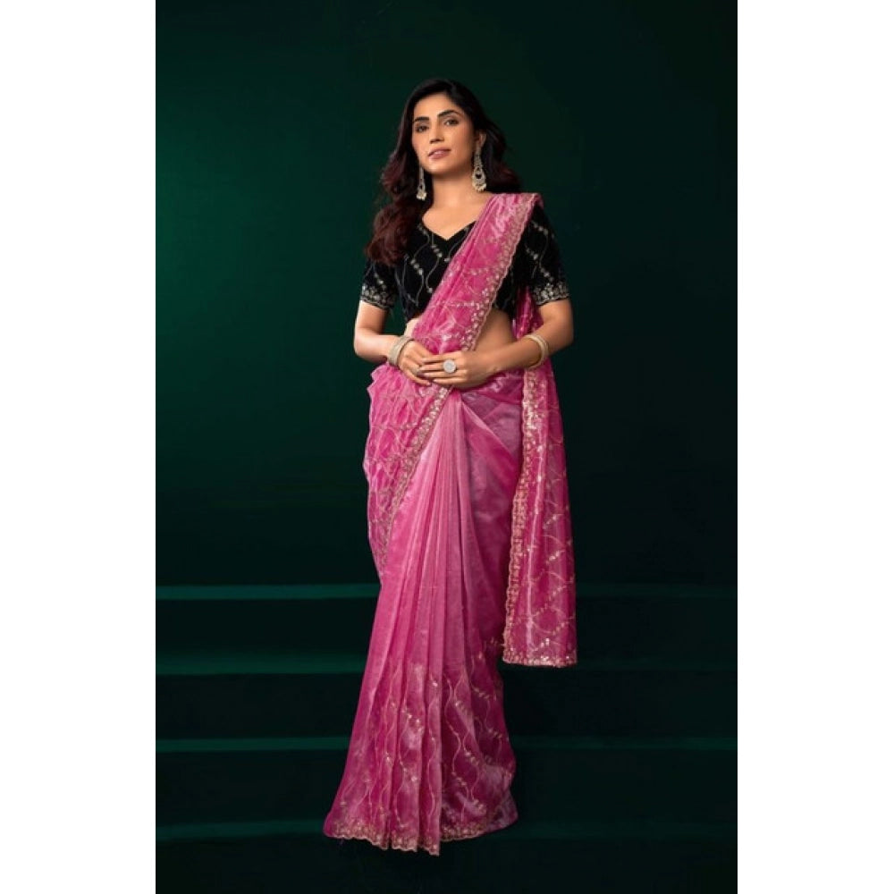 Women's Net Sequence Saree With Unstitched Blouse 5.5Mtr (Light Pink) - VANSHELLE