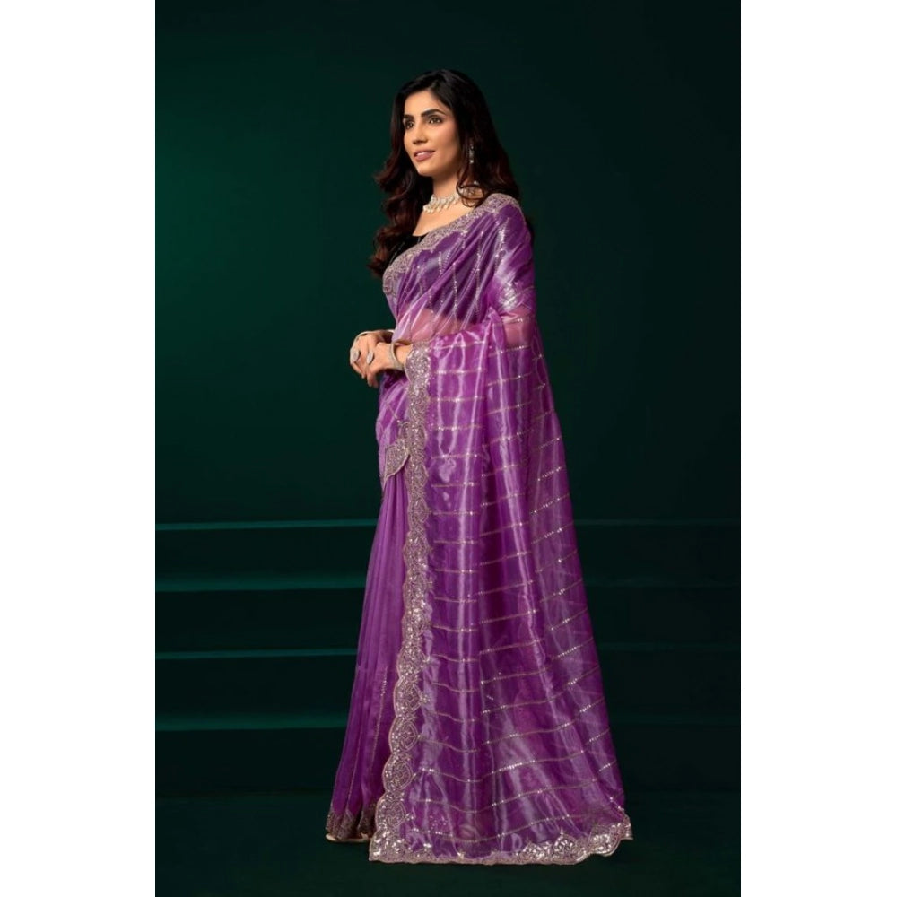 Women's Net Sequence Saree With Unstitched Blouse 5.5Mtr (Lavender) - VANSHELLE