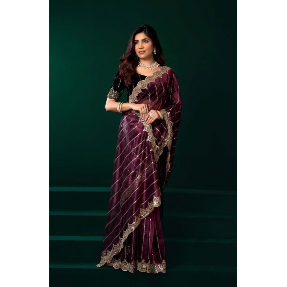 Women's Net Sequence Saree With Unstitched Blouse 5.5Mtr (Maroon) - VANSHELLE
