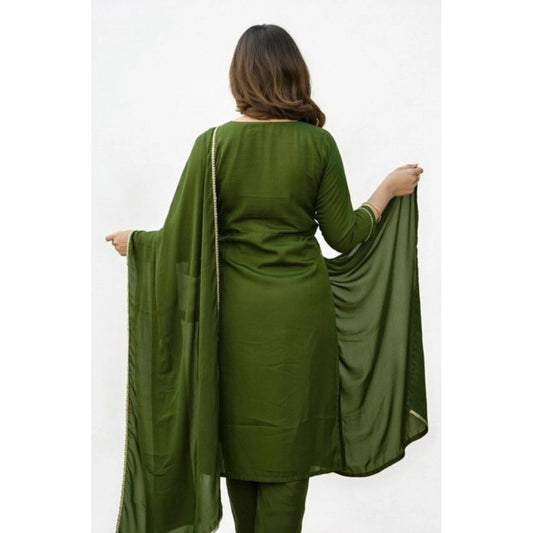 Women's Georgette Ethnic Motif Round 3/4th Sleeve Kurti With Pant Dupatta Set (Mahendi) - VANSHELLE