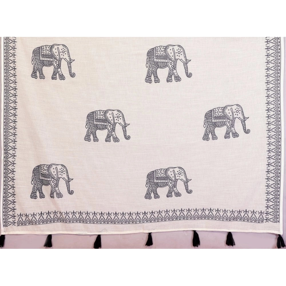 Women'S Linen Cotton Printed Saree With Unstitched Blouse 5.5M