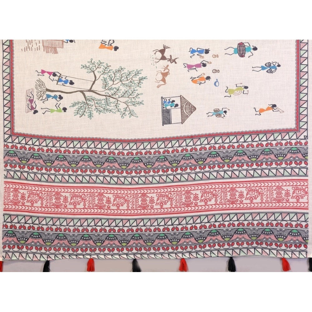 Women'S Linen Cotton Printed Saree With Unstitched Blouse 5.5M