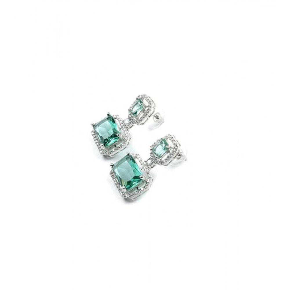 Women'S Brass Silver Plated Drop Earrings (Green)