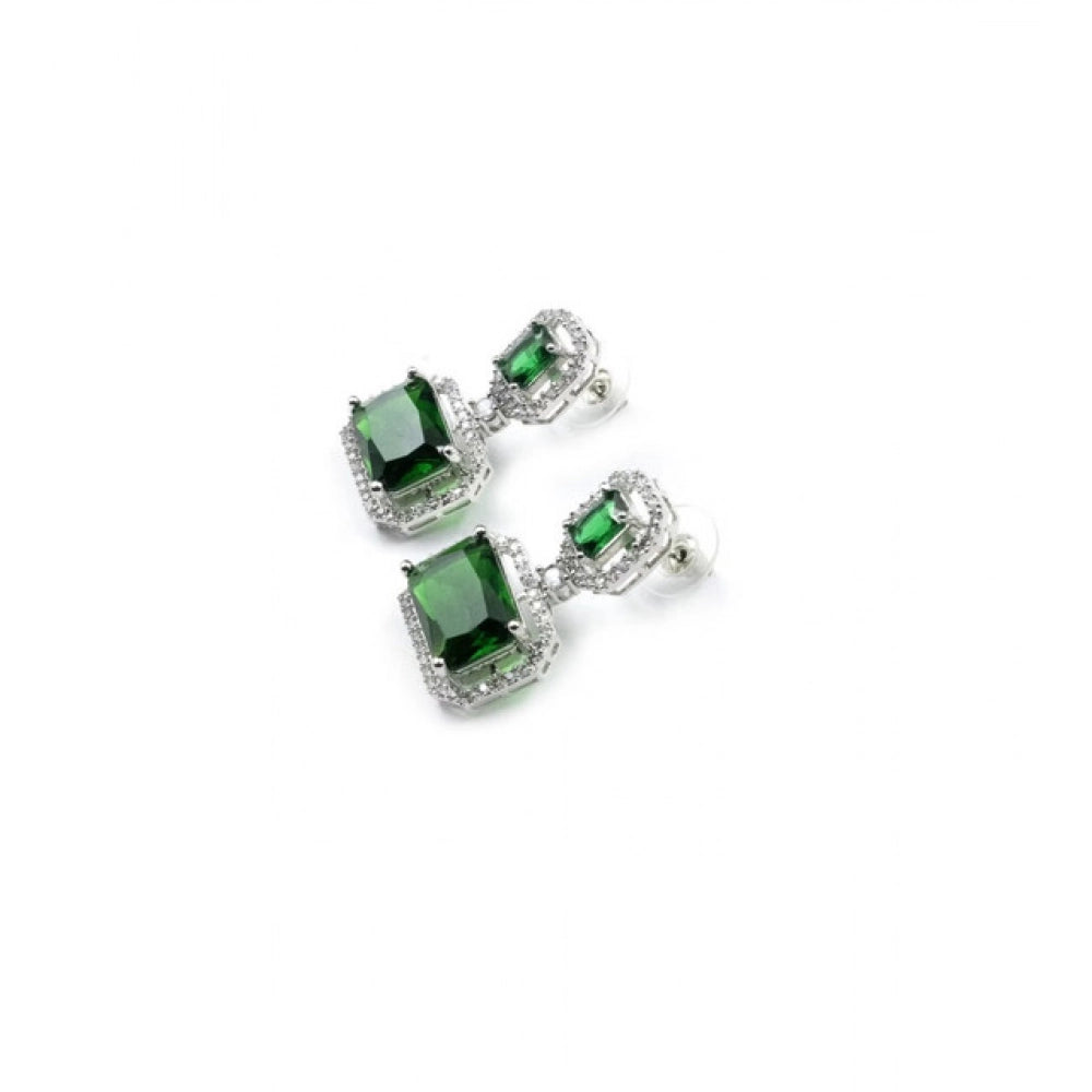 Women'S Brass Silver Plated Drop Earrings (Green)